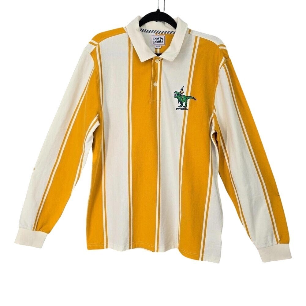 Party Pants Retro Polo Shirt Men Medium Yellow White Stripe Long Sleeve Dinosaur